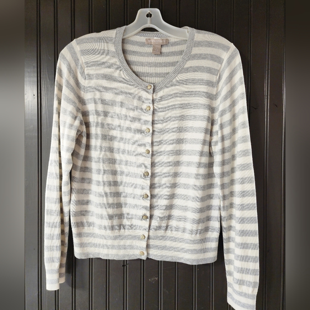 Banana Republic Gray and White Striped Cardigan, Large
